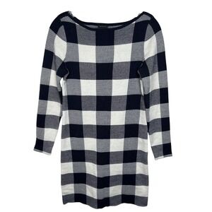 Ann Taylor Womens XS Navy Blue White Buffalo Check Plaid Knit Sweater Dress